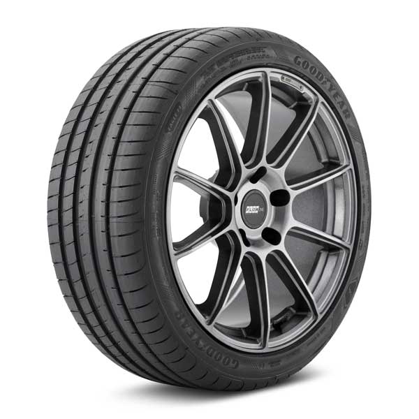 Goodyear Eagle F1 Asymmetric 5 Tire mounted on sample wheel Full image of Goodyear Eagle F1 Asymmetric 5Tire installed on wheel