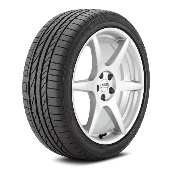 Bridgestone Potenza RE050A Tire mounted on sample wheel Full image of Bridgestone Potenza RE050A Tire installed on wheel