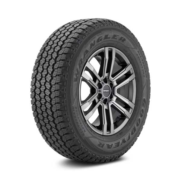 Goodyear Wrangler All-Terrain Adventure tire Showing Goodyear Wrangler All-Terrain Adventure tire mounted on sample wheel