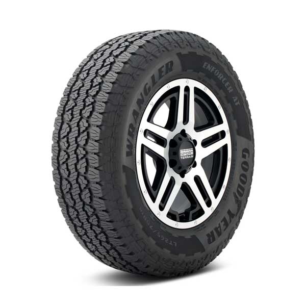Goodyear Wrangler Enforcer AT tire Showing Goodyear Wrangler Enforcer AT tire mounted on sample wheel