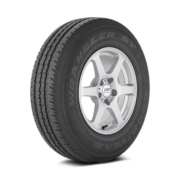 Goodyear Wrangler ST tire Showing Goodyear Wrangler SR A tire mounted on sample wheel