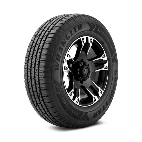 Goodyear Wrangler SR A tire Showing Goodyear Wrangler SR A tire mounted on sample wheel