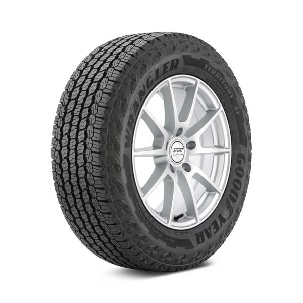 Goodyear Wrangler Territory AT tire Showing Goodyear Wrangler Territory AT tire mounted on sample wheel