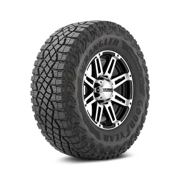 Goodyear Wrangler Territory RT tire Showing Goodyear Wrangler Territory RT tire mounted on sample wheel