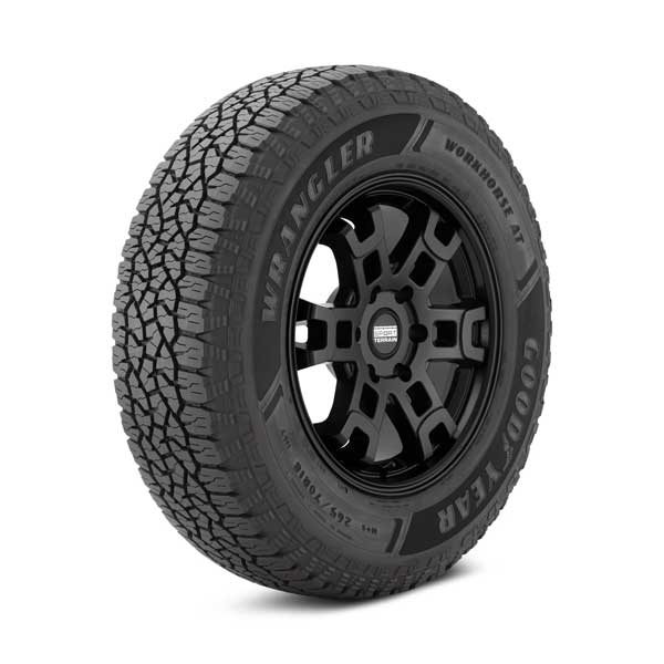 Goodyear Wrangler Workhorse AT tire Showing Goodyear Wrangler Workhorse AT tire mounted on sample wheel