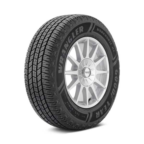 Goodyear Wrangler Workhorse HT tire Showing Goodyear Wrangler Workhorse HT tire mounted on sample wheel